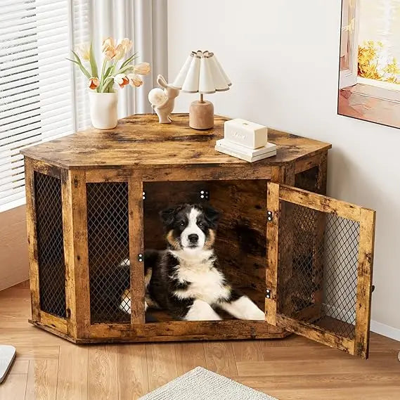 52 inch Corner Dog Crate Furniture- Wooden Dog Kennel End Table with Mesh-Indoor Decorative Pet Crates Side Table