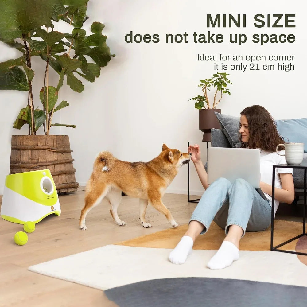 Automatic Small/Medium Dog Ball Launcher- Indoor/Outdoor Interactive Dog Toy with Three Ranges-Includes 6 Mini Tennis Balls- Data Line