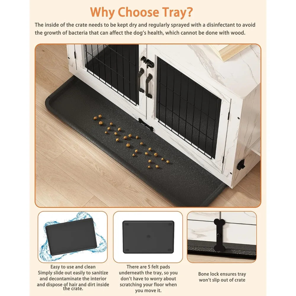 Wooden Dog Crate Furniture with 360°Rotatable Removable Dog Bowls- Dogs Crate End Table with Tray-Double Doors Dogs Kennels