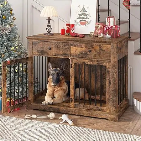 Dog Crate Furniture-44" Wooden Dog Kennel Indoor With 2 Storage Drawers- Heavy Duty Dog Crate Furniture