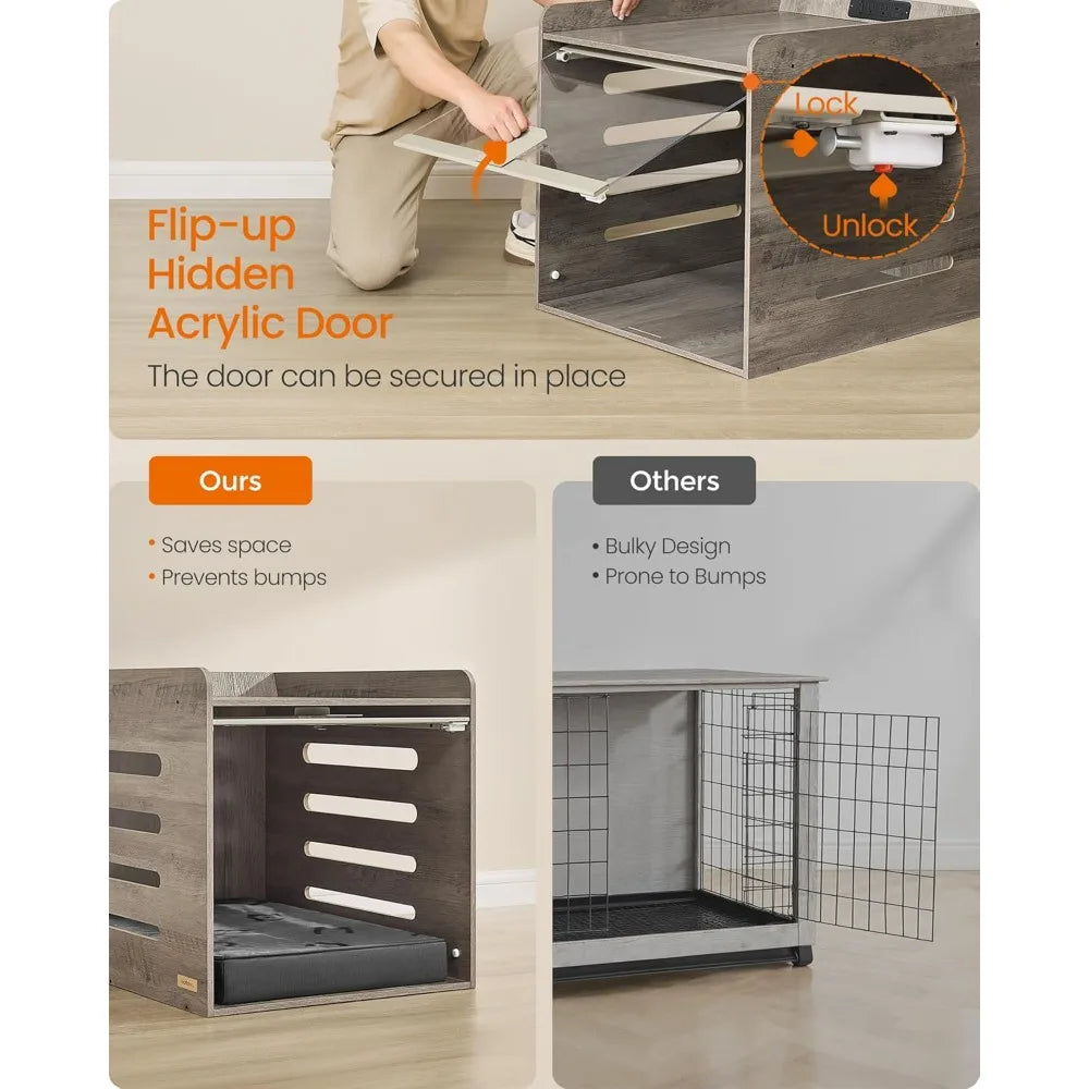 Dog Crate Furniture with Charging Station- Kennel Indoor with Flip-up Hidden Acrylic Door