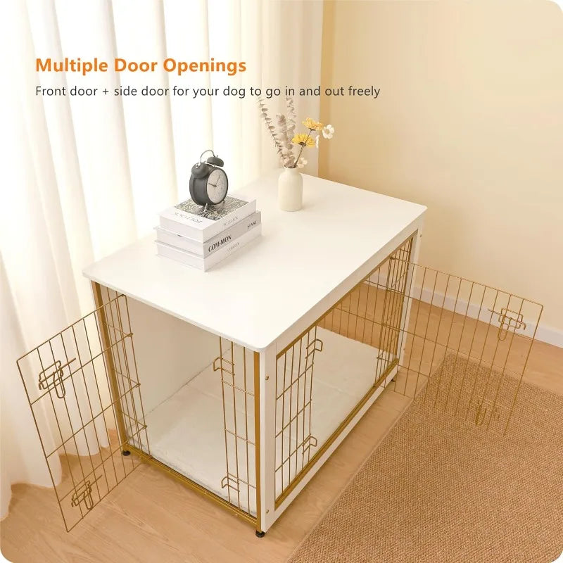 DWANTON Dog Crate Furniture with Cushion- Wooden Dog Crate Table- Double Doors - 38.5" L-White