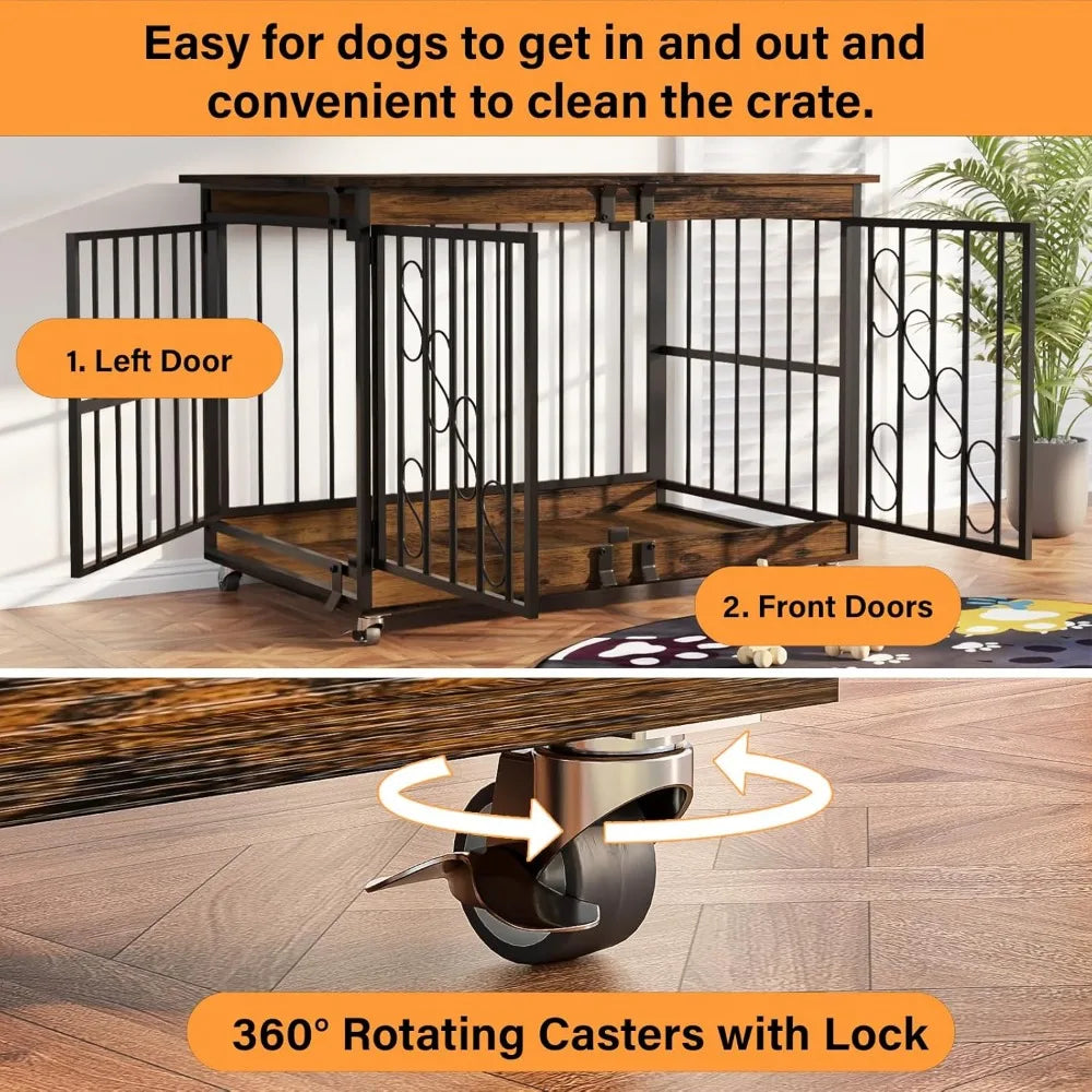 3in1 Furniture Dog Crate-End table, Dog Bed and Crate- 48 Inches Dog Crates - Farmhouse Wood Metal Kennel- Indoor- Heavy Duty
