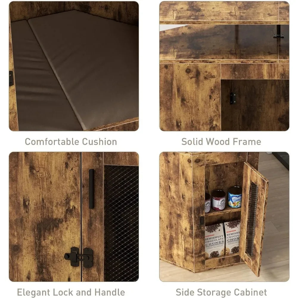 Corner Dog Crate with Cushion-52" L Furniture Style Wooden Dog Kennel -,Indoor Dog House with Storage Shelf