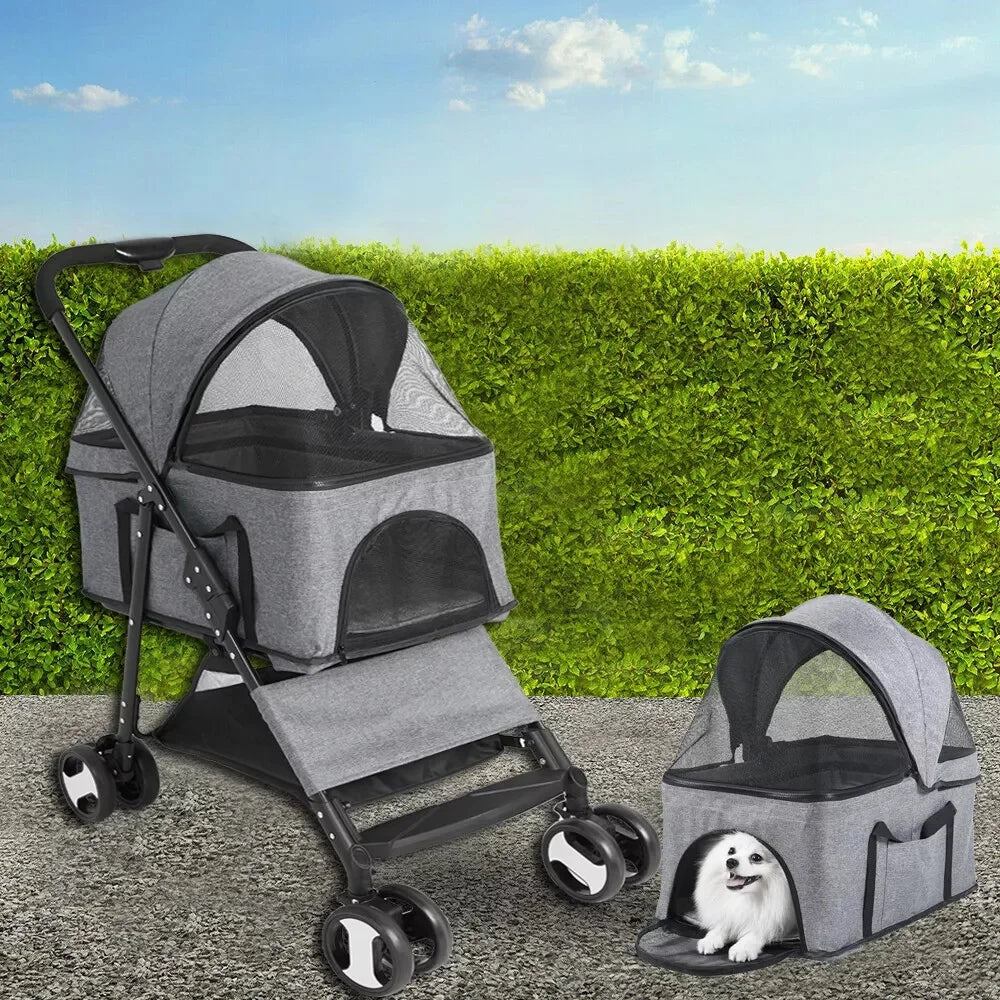 Pet Dog Stroller- Foldable Travel Carrier- Jogger Dog Pram with 4 Wheels and Rain Cover