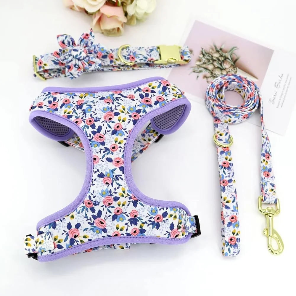 Cute Dog Harness Leash Collar Set- Adjustable Floral Soft Mesh Pet Vest-Size XS