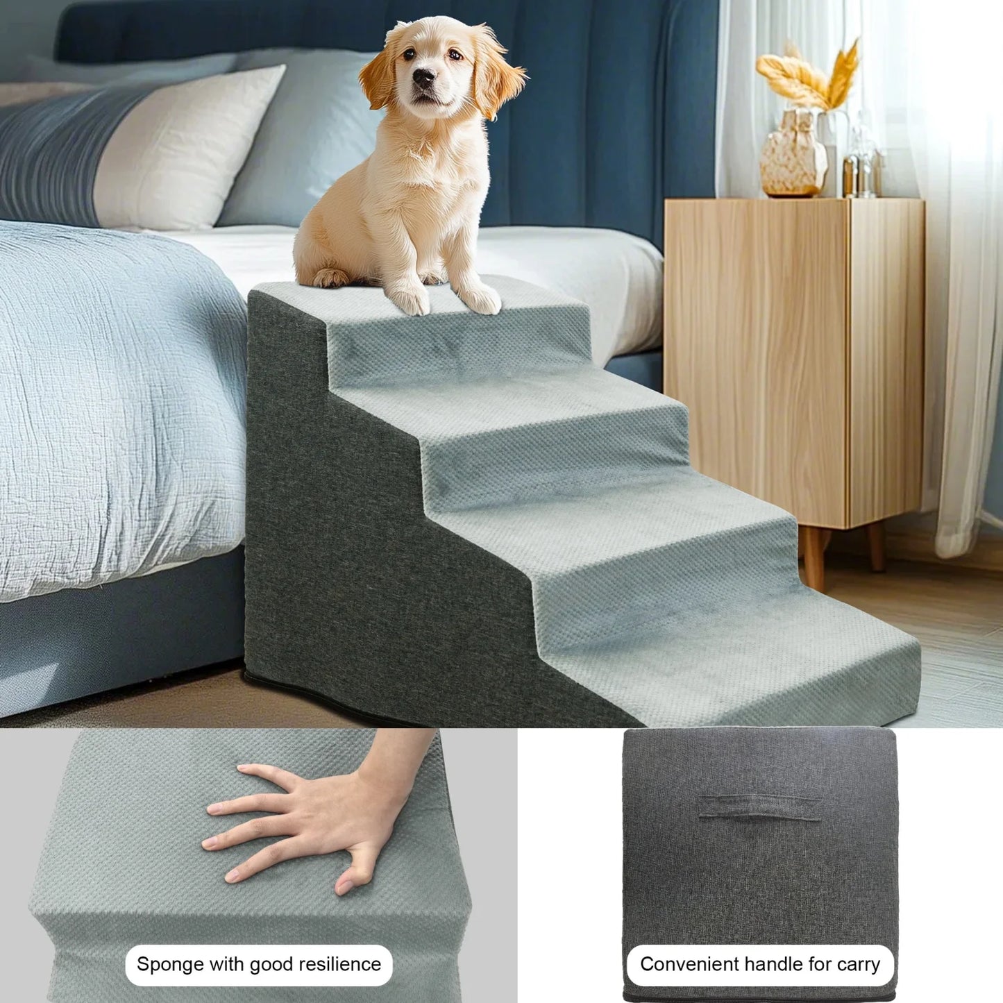 3 and 4 Step Stairs- High Density Foam Stair Ramp with Handle- Non-Slip-Wear Resistant- Washable Cover