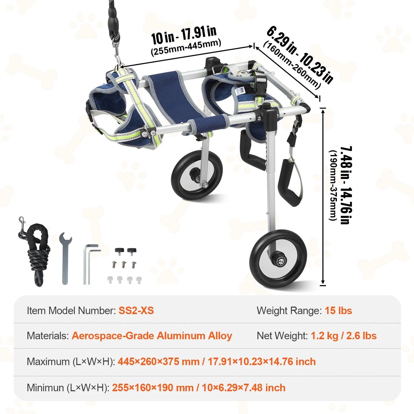 VEVOR 2 Wheels Dog Wheelchair for Back Legs -Pet Wheelchair Dog Cart/Wheelchair for Injured Disabled Paralysis Hind Limb Weak Pet