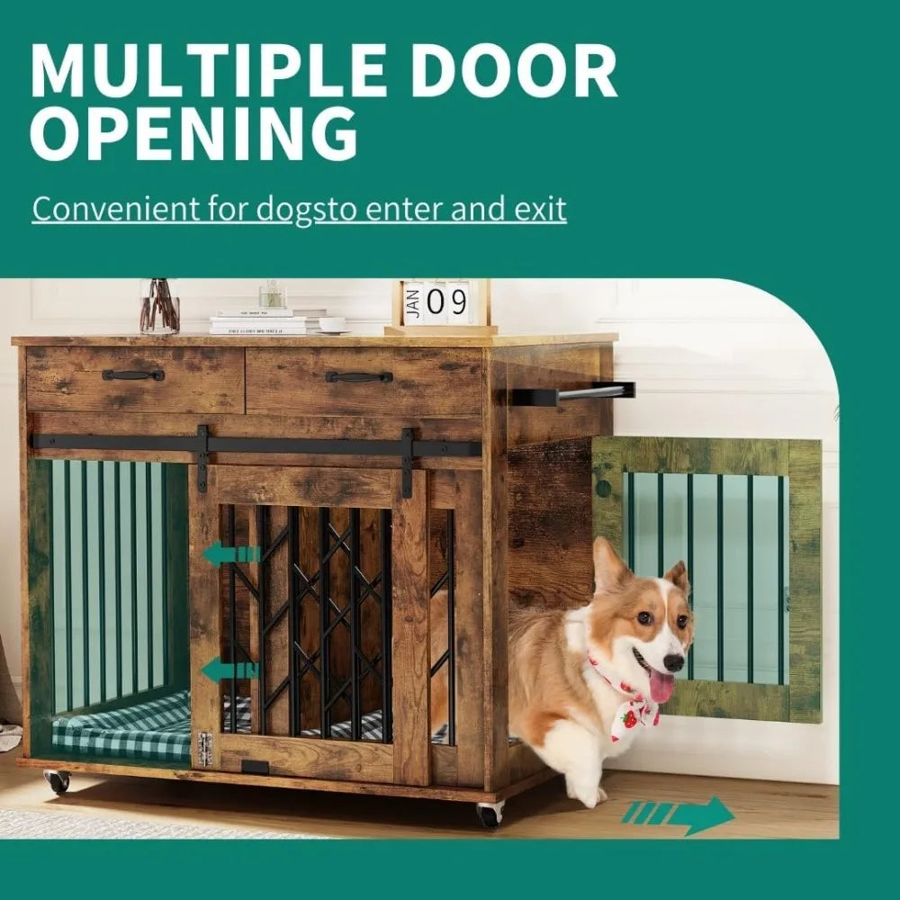 Dog Crate Furniture for 2 Dogs- 39" Wooden Dog Kennel End Table with Wheels and Storage Drawers- Indoor Double Door Dog Crate