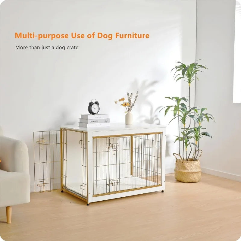DWANTON Dog Crate Furniture with Cushion- Wooden Dog Crate Table- Double Doors - 38.5" L-White