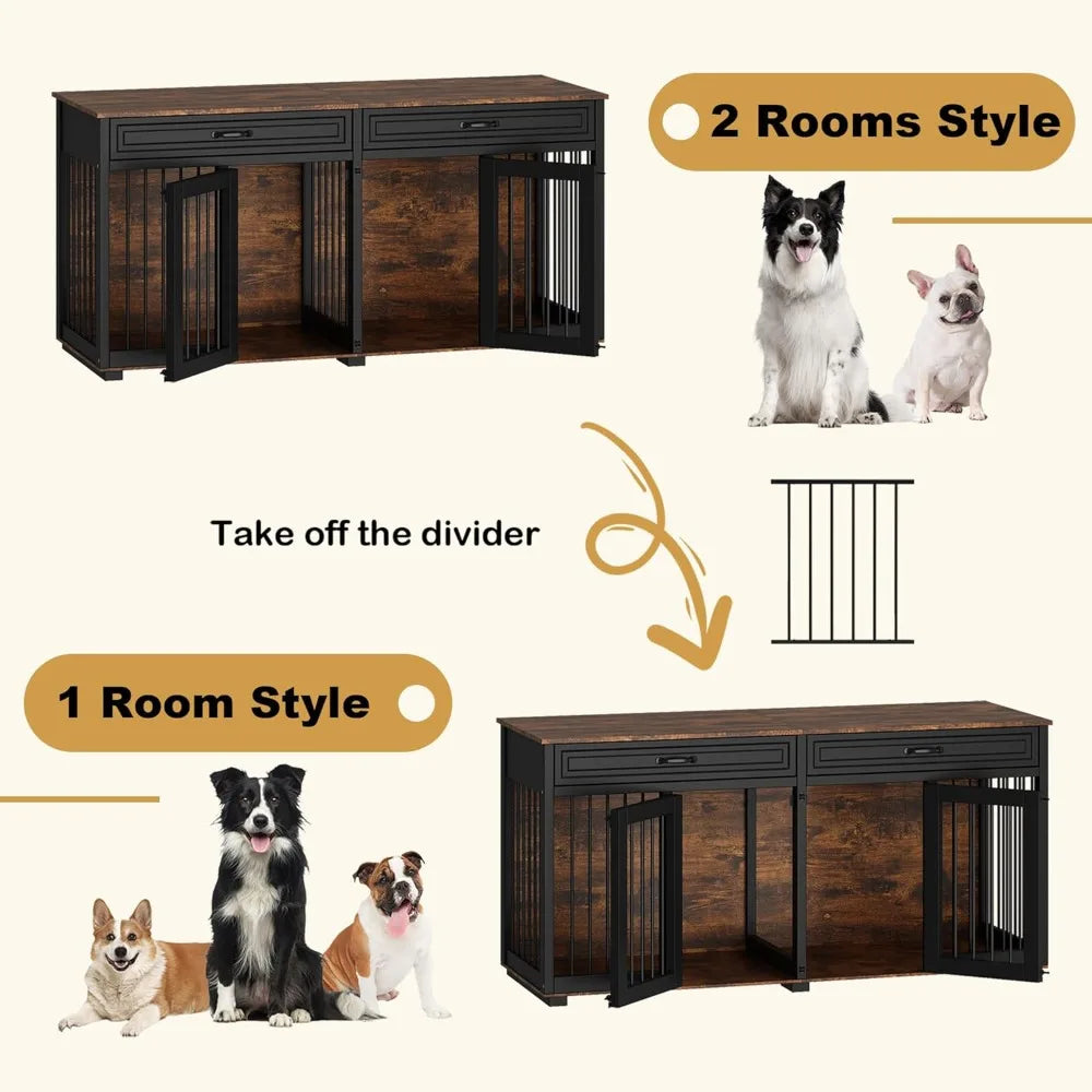 Furniture Style Dog Crate- 64.6" Wooden Multiple Dog Kennel with Drawers & Divider- Indoor Dog House Furniture with Double Rooms