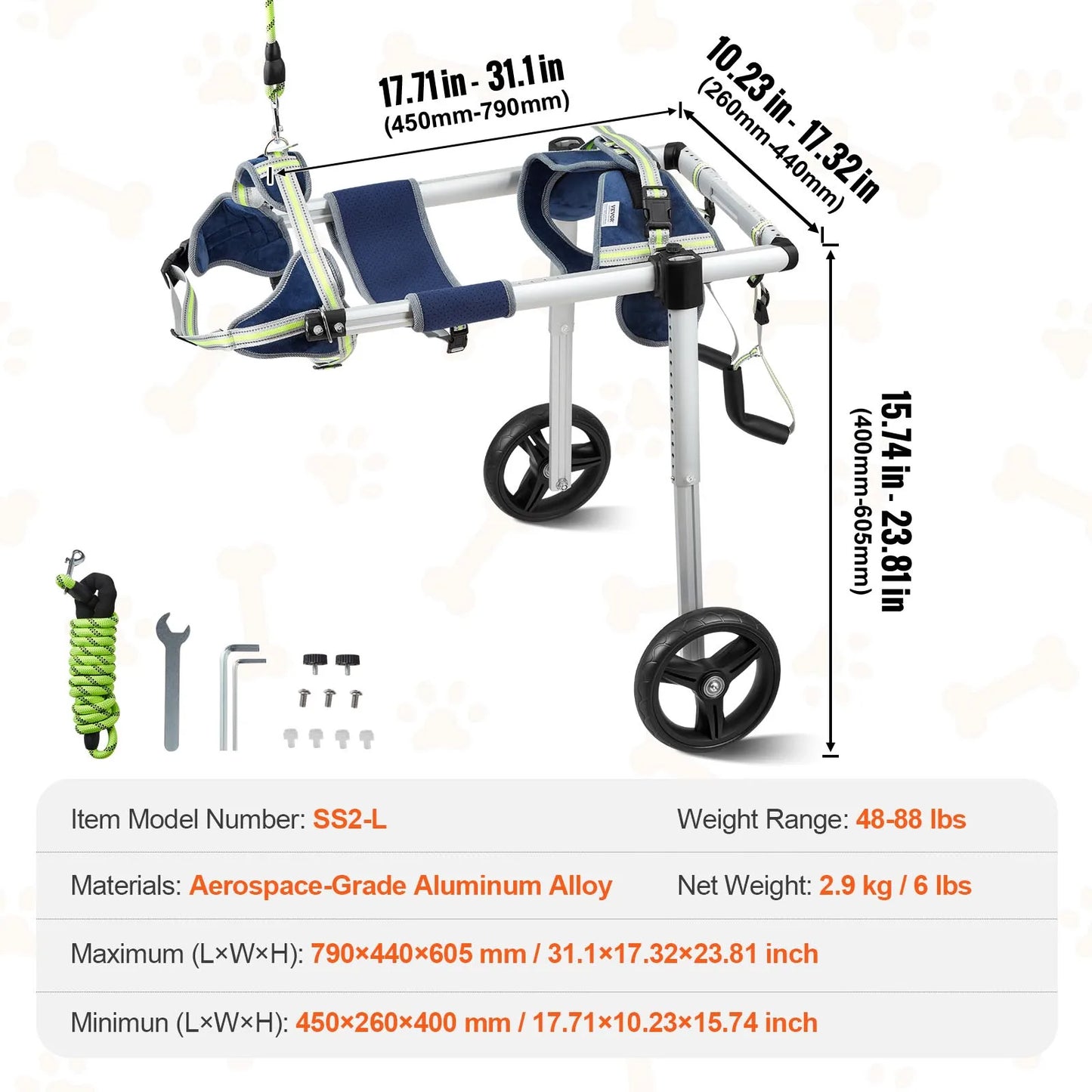 VEVOR 2 Wheels Dog Wheelchair for Back Legs -Pet Wheelchair Dog Cart/Wheelchair for Injured Disabled Paralysis Hind Limb Weak Pet