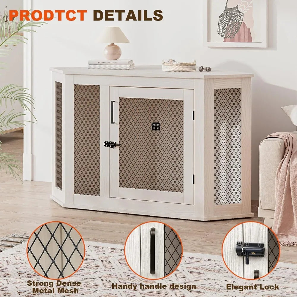 52 inch Corner Dog Crate Furniture- Wooden Dog Kennel End Table with Mesh-Indoor Decorative Pet Crates Side Table