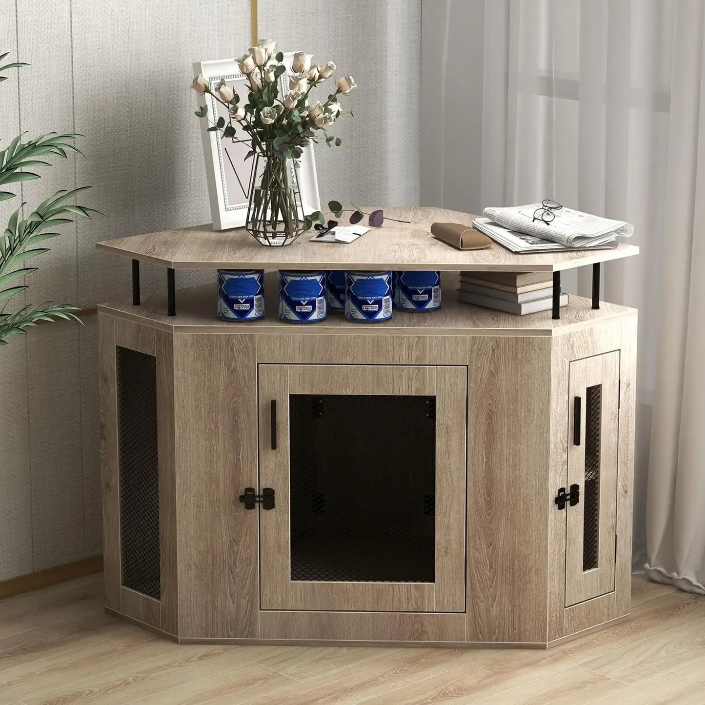 Corner Dog Crate with Cushion-52" L Furniture Style Wooden Dog Kennel -,Indoor Dog House with Storage Shelf