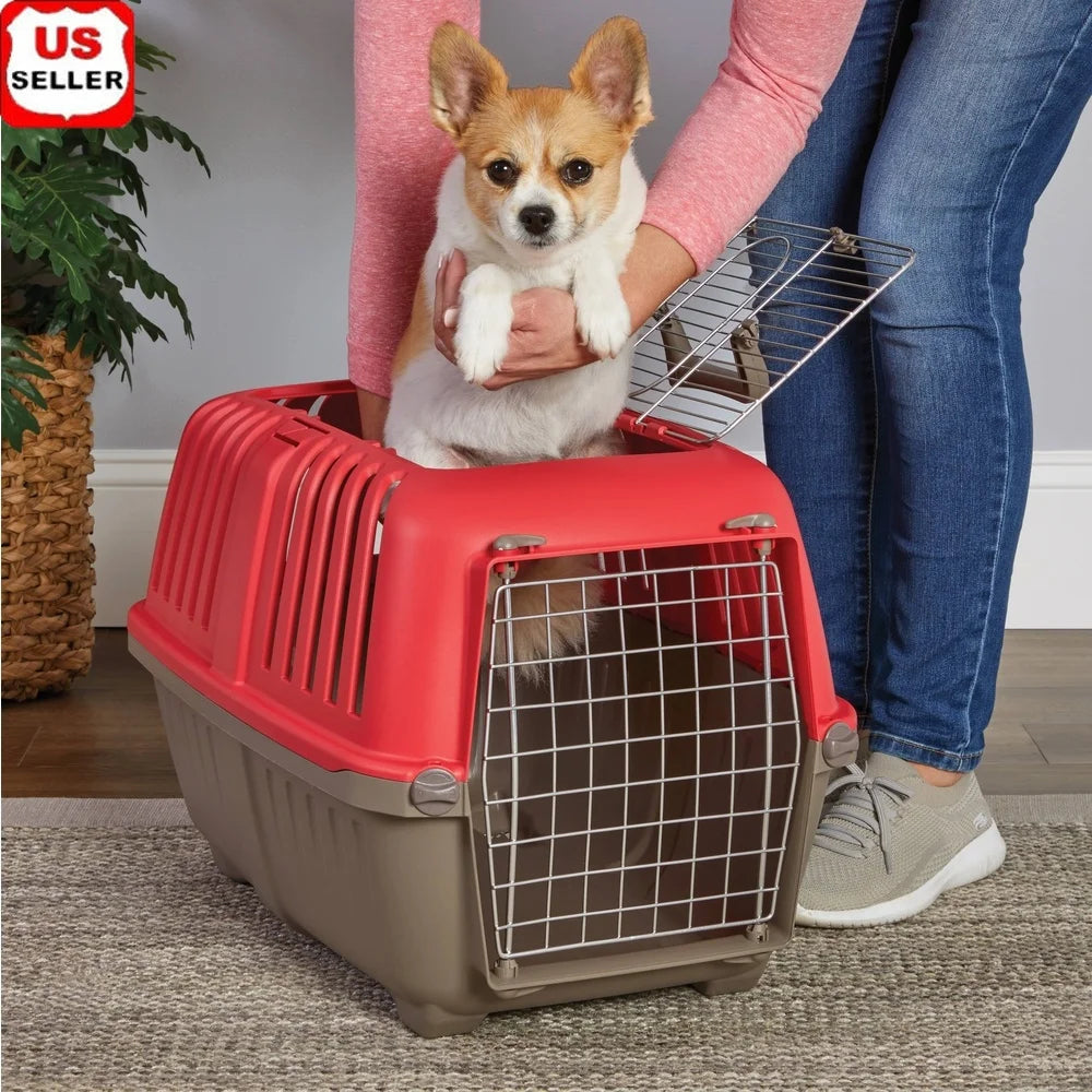 24 Inch Pet Carrier- Small Dogs- Easy Assembly- Durable- Plastic Travel Crate with Metal Door and Carry Handle