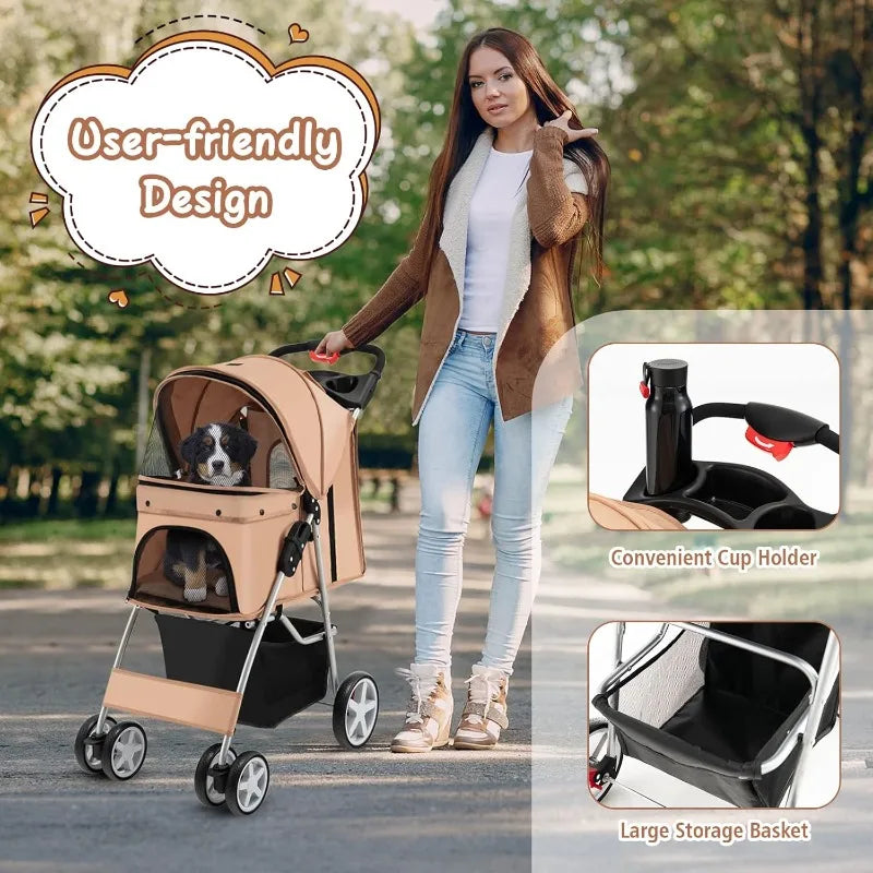4 Wheels Dog Stroller, Foldable Pet Stroller for Small/Medium Dogs Cats, Cat Carrier with Storage Basket and Cup Holder, Pet Car