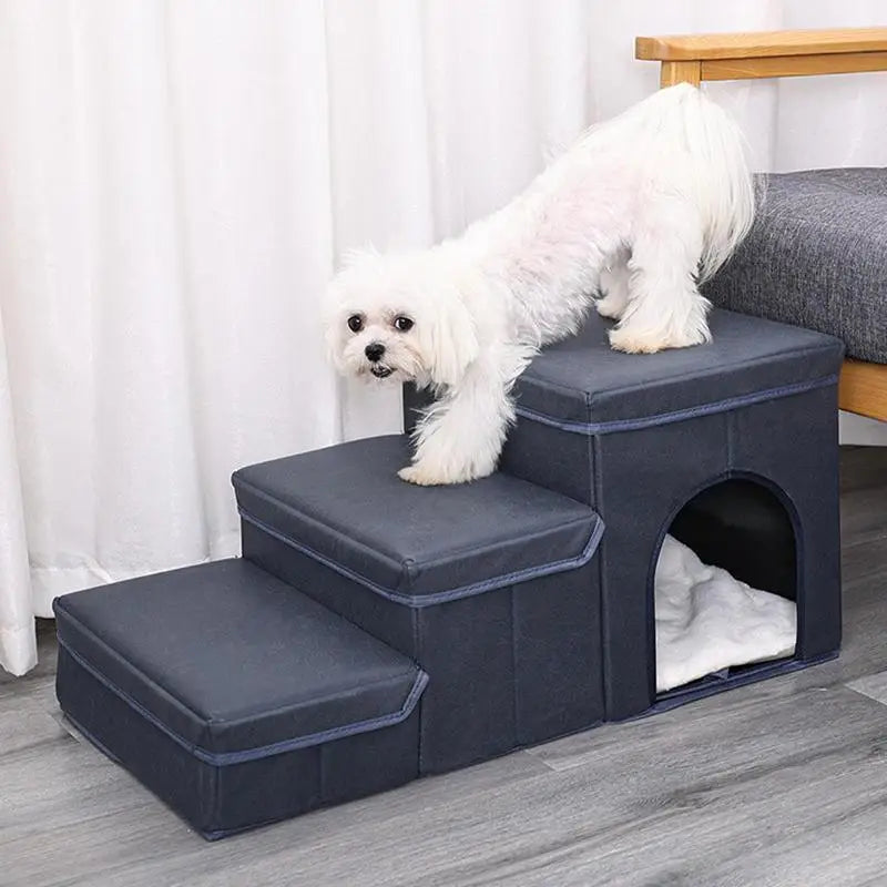 Foldable Dog Stairs- Portable with Storage Box -Heavy Duty Non-Collapsible Material Stairs
