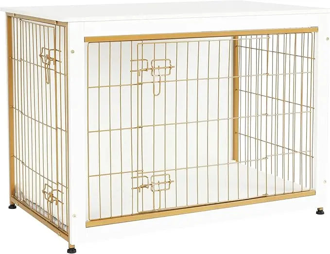 DWANTON Dog Crate Furniture with Cushion- Wooden Dog Crate Table- Double Doors - 38.5" L-White
