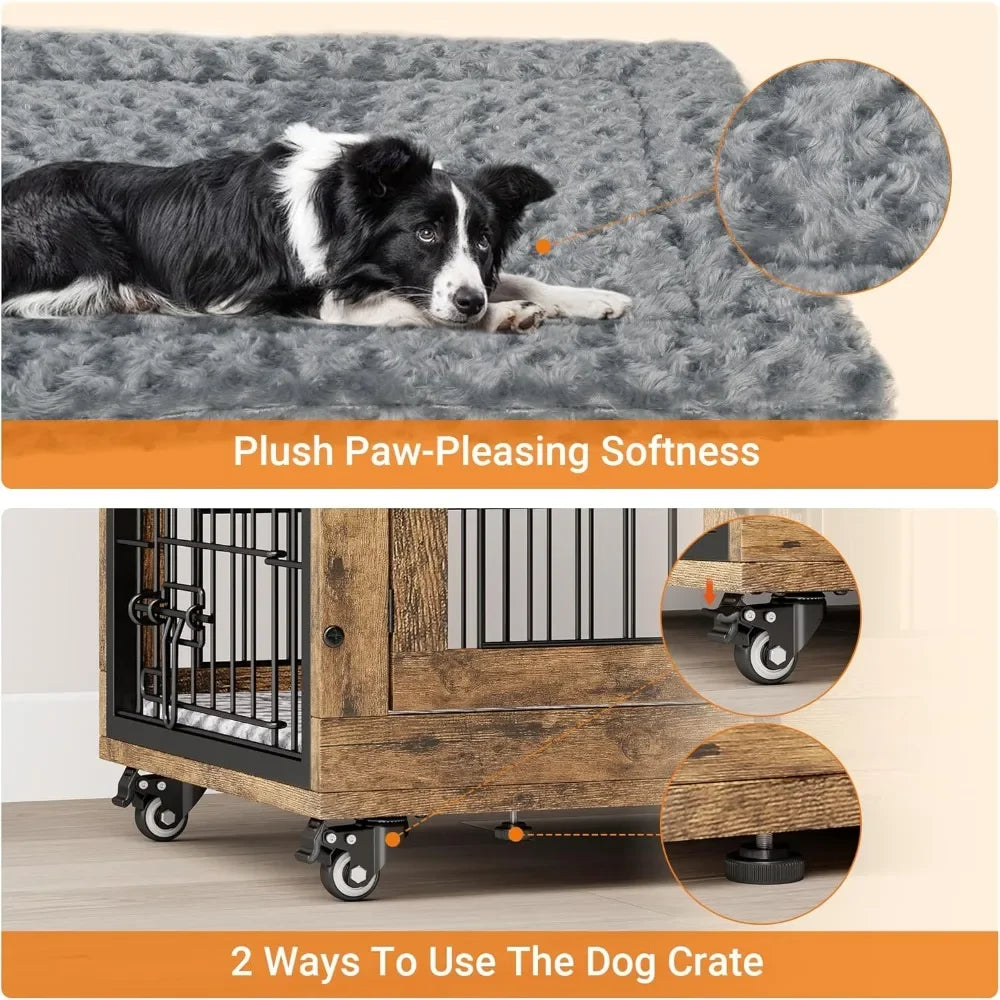 Small Dogs Crate Furniture- Indoor Double Doors Wooden Dogs Crate- 27.1'' Heavy Duty Dog Crate with Cushion & Wheels