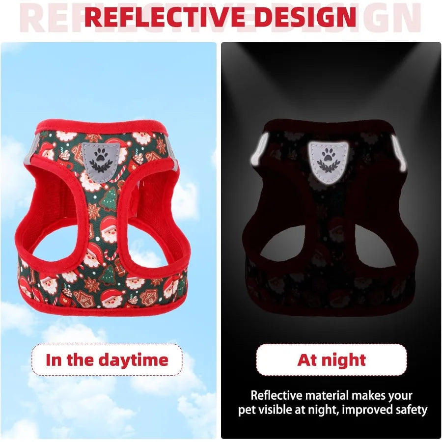 Christmas Dog Harness for Small Medium Dogs- Step-in No Pull Soft Padded Mesh- Adjustable-Reflective Pet Vest Harness Set