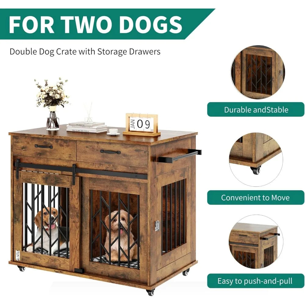 Dog Crate Furniture for 2 Dogs- 39" Wooden Dog Kennel End Table with Wheels and Storage Drawers- Indoor Double Door Dog Crate