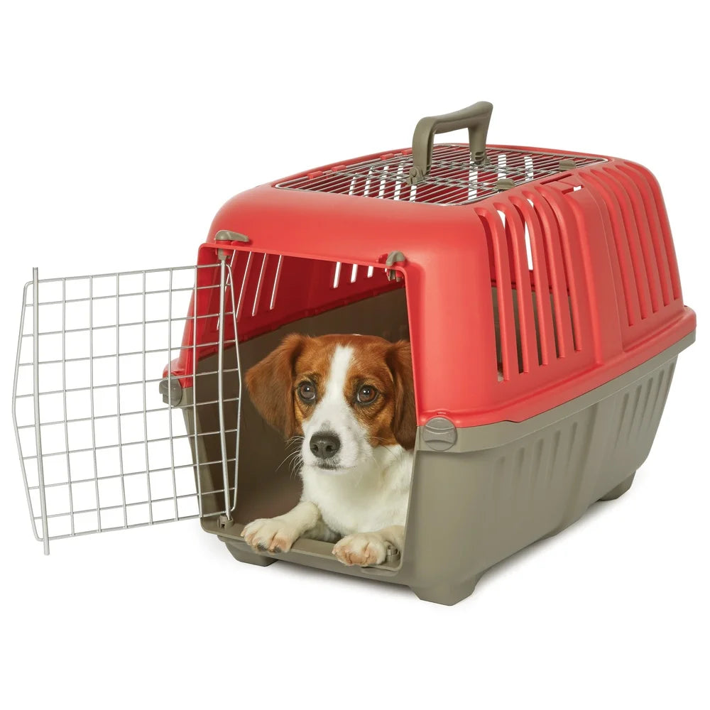 Small Portable Pet Carrier- Small Dog Cat Travel Case- Hard Sided- Easy Assembly- Durable Plastic with Metal Door-Red