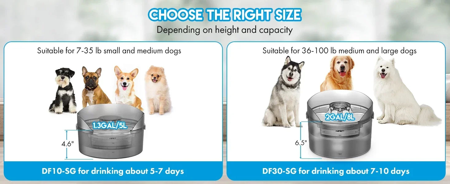 NPET DF10-SG Dog Water Fountain-1.3 Gallon/170oz/5L Large Automatic Dog Water Bowl with Splatter Guard