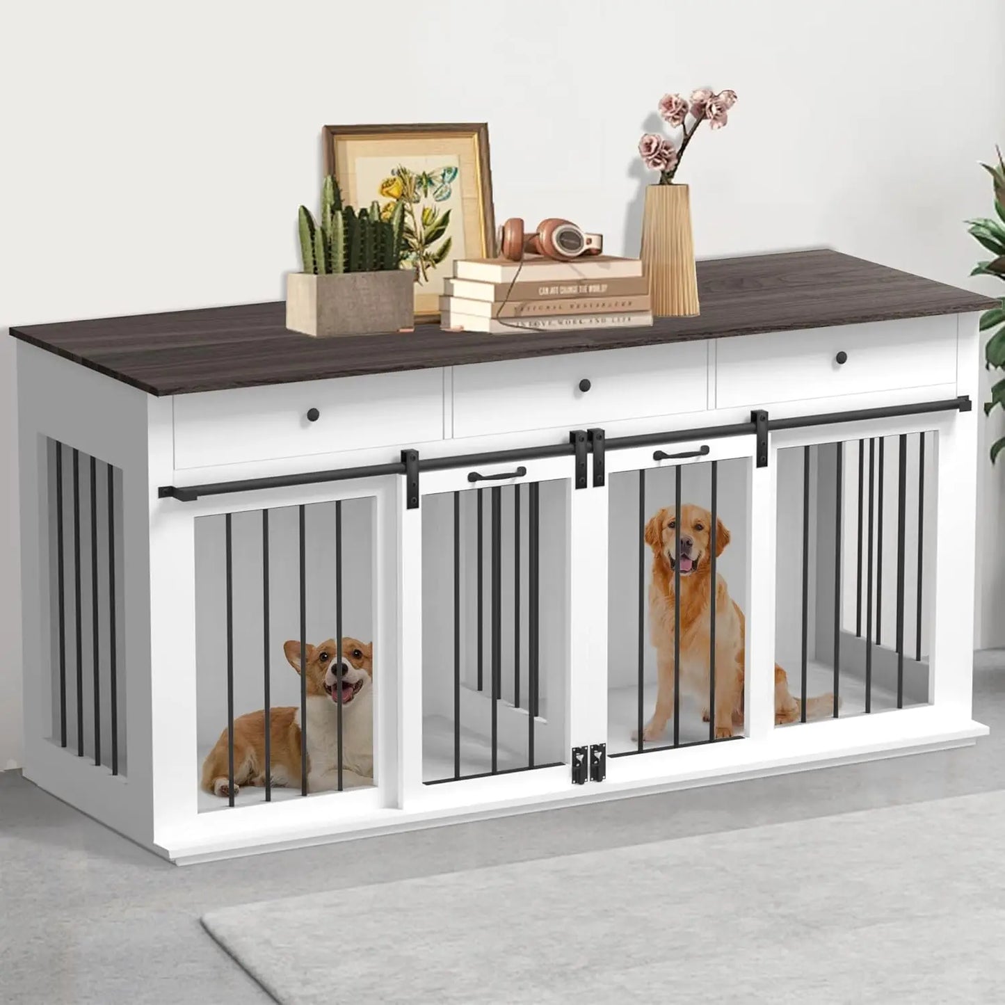 Dog Crate Furniture with Divider- Dog Crate for Small to Large Dogs- Large Indoor Dog Kennel Furniture with Double Doors-3 Drawers