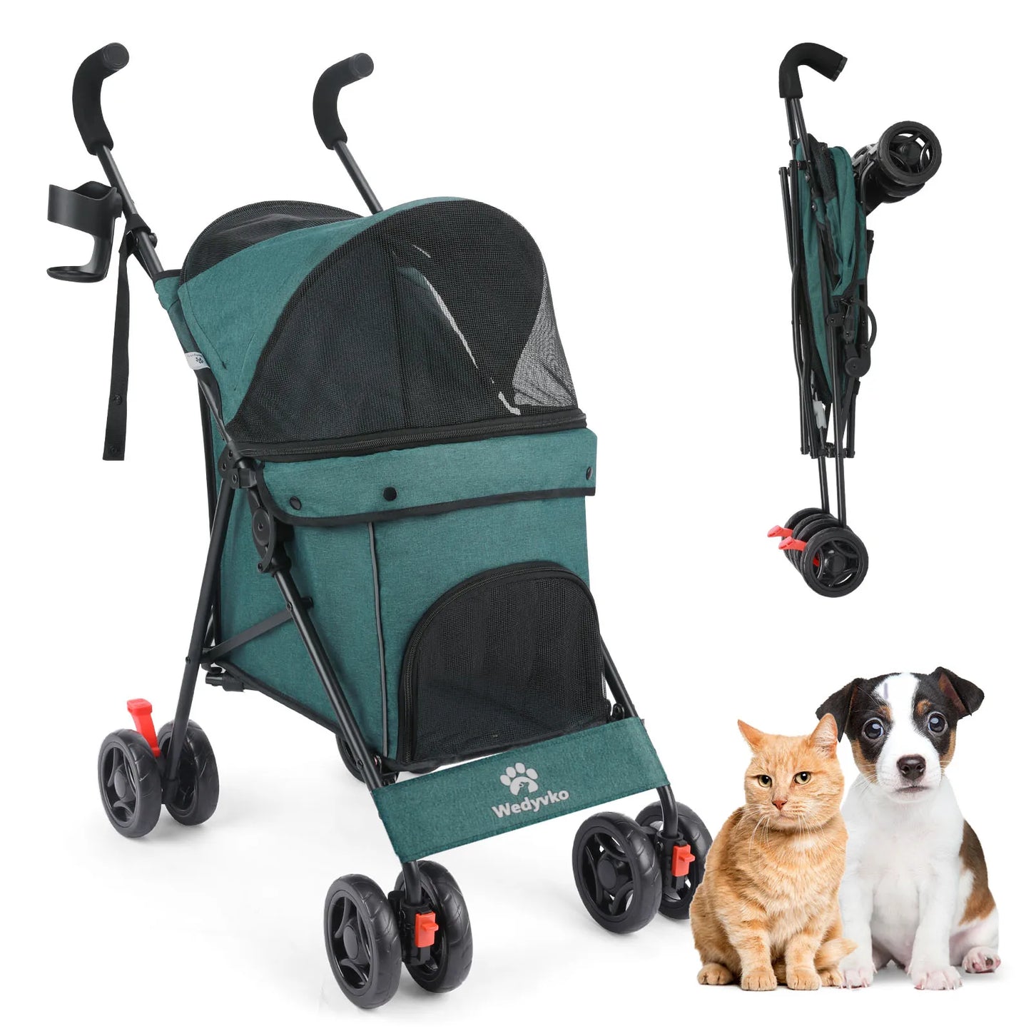 Wedyvko Pet Dog Stroller 4 Wheels Puppy Stroller Rotate with Brakes Storage for Dogs Cats Travel