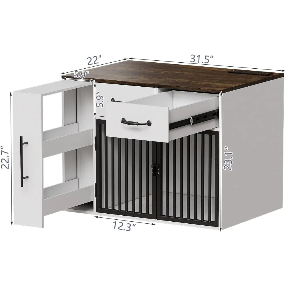 Dog Crate Furniture- 31.5 Inch Wooden Indoor Heavy Duty Dog Kennel House with Doors & USB Charger- Farmhouse Modern End