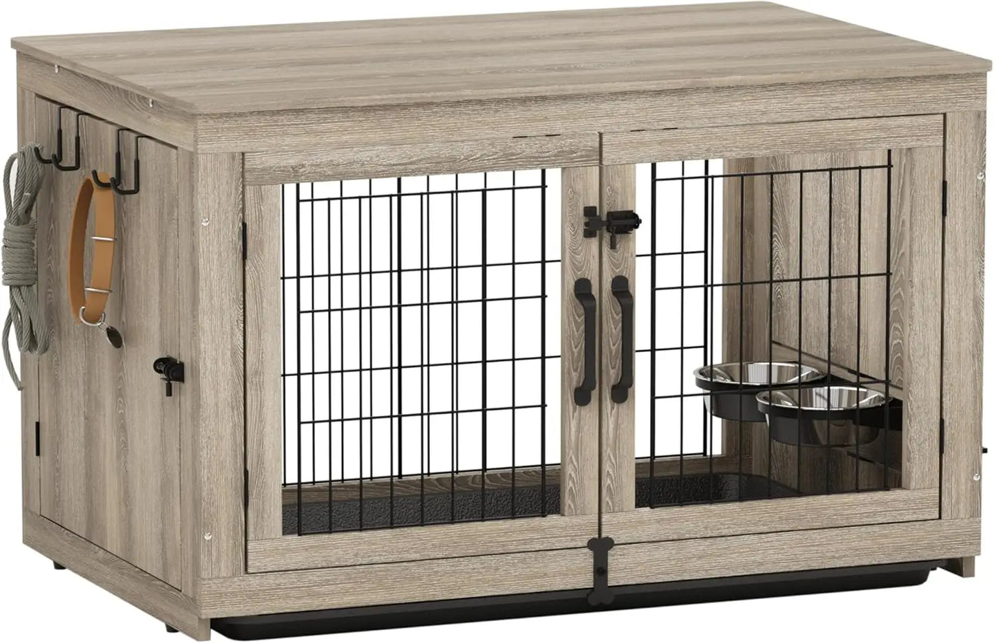 Wooden Dog Crate Furniture with 360°Rotatable Removable Dog Bowls- Dogs Crate End Table with Tray-Double Doors Dogs Kennels