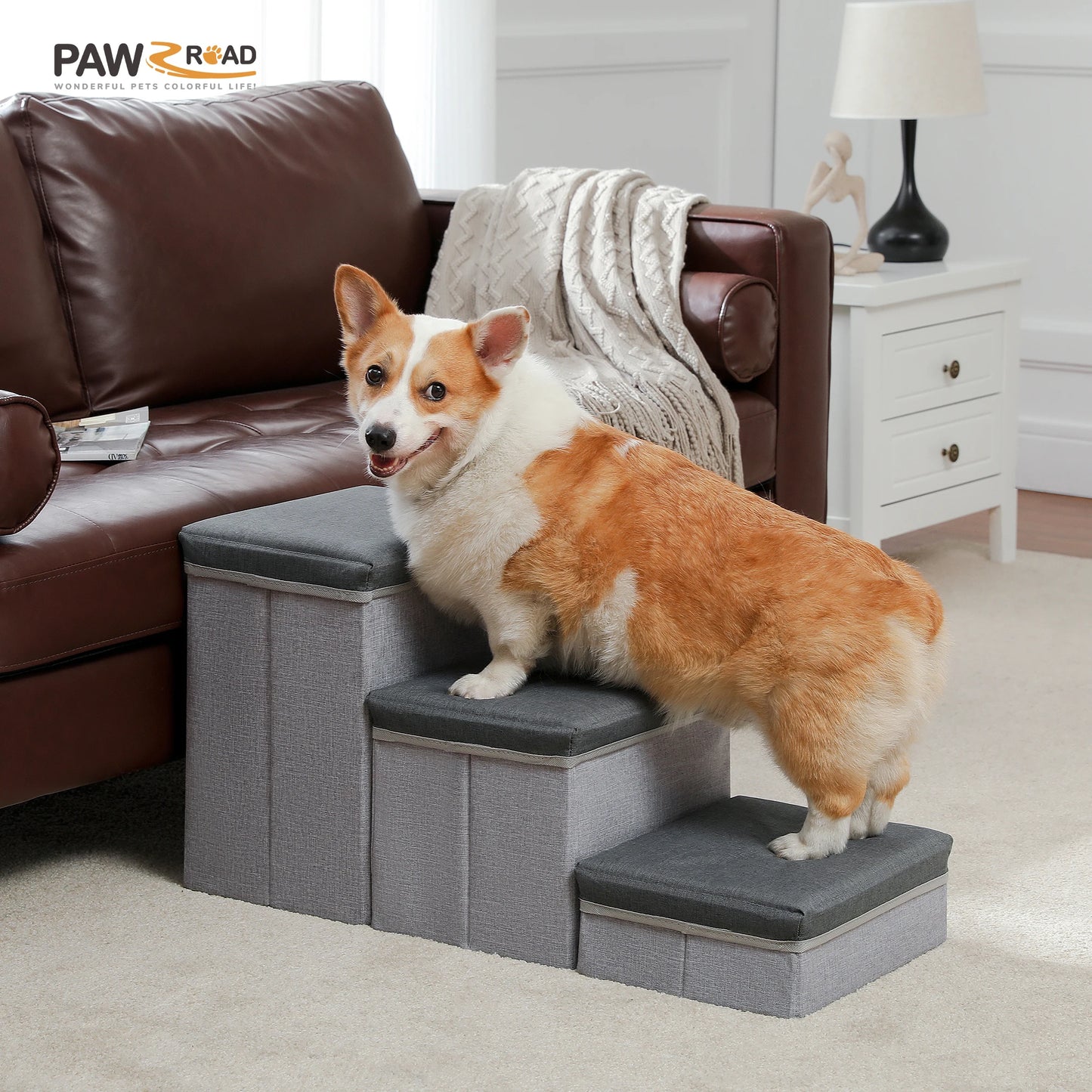 3-Tier Dog Stairs Foldable Pet Stair with Storage Box- Adjustable Height Dog Steps for Small Old Dog Cat Non-Slip Pet Ramp Indoor