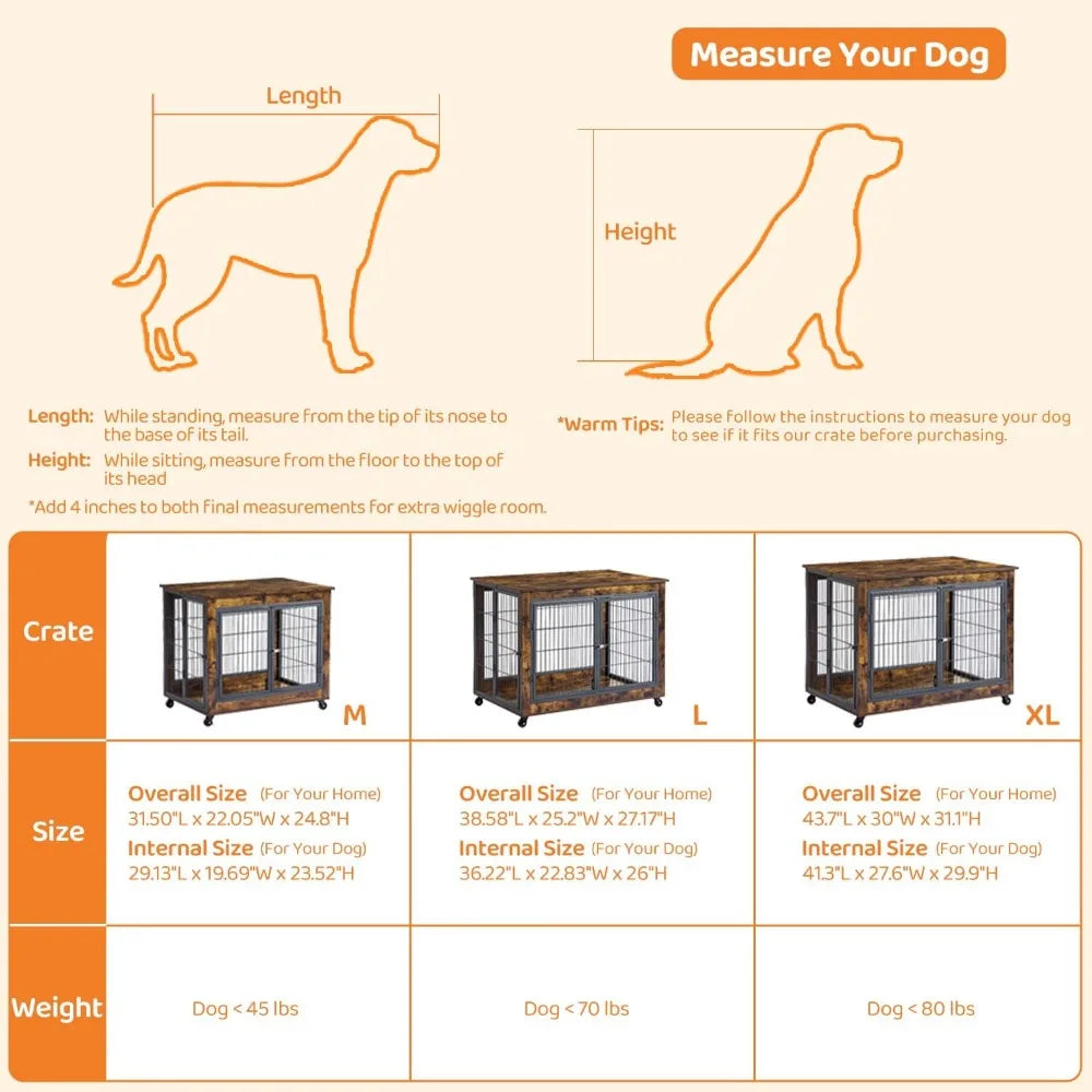 Dog Crate Furniture- Wooden Dog Crate Table- 43.7" Kennel with 3 Doors- Flip-up Top Opening -Wheels- Decorative Pet Crate House