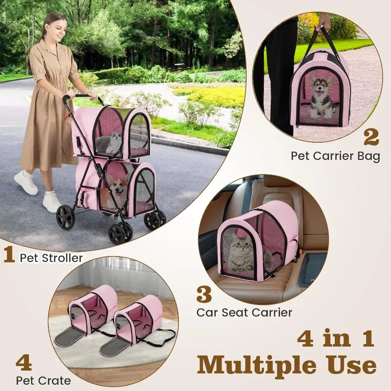 Dog Stroller with 2 Detachable Carrier Bags, Travel Carrier for Small Medium Cats Dogs Puppies, Foldable Stroller with Storage P