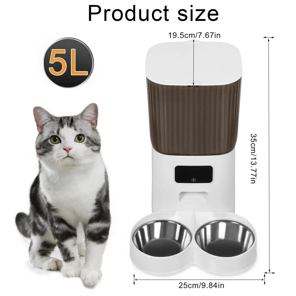 Smart Pet Feeder with Dual Bowls - 5L Transparent Storage, WiFi APP Control, Automatic Timed Dispensing for Cats or Dogs, Battery