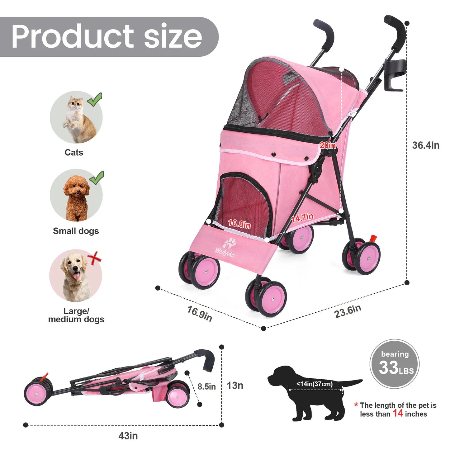 Pet Dog Stroller- 4 Wheels -Puppy Stroller Rotate with Brakes -Storage