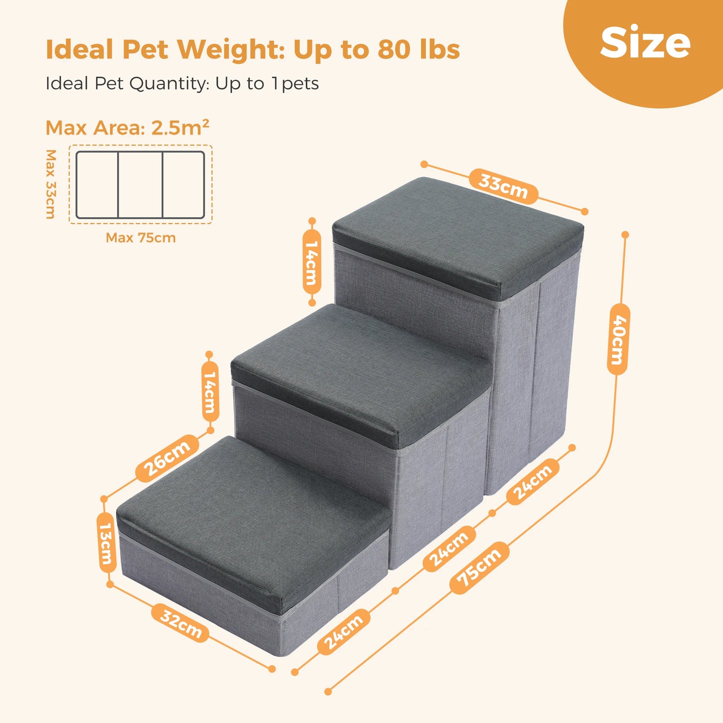 3-Tier Dog Stairs Foldable Pet Stair with Storage Box- Adjustable Height Dog Steps for Small Old Dog Cat Non-Slip Pet Ramp Indoor