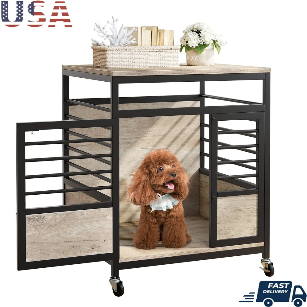 Wooden Dog Crate with Wheels- Stylish Indoor Pet Kennel- Heavy Duty- Chew-Proof- Portable Assembly Small Medium Dogs