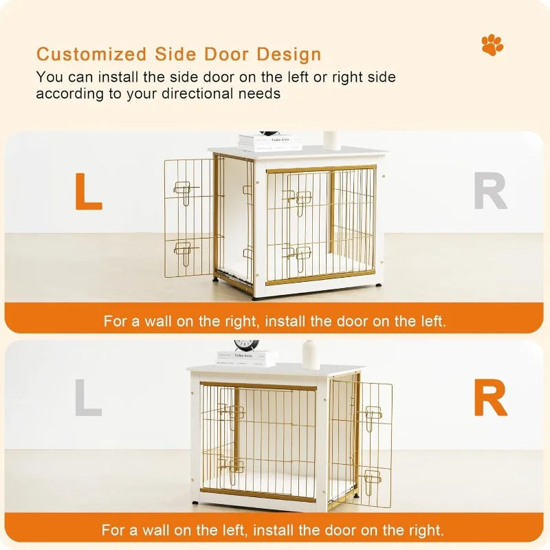 DWANTON Dog Crate Furniture with Cushion- Wooden Dog Crate Table- Double Doors - 38.5" L-White