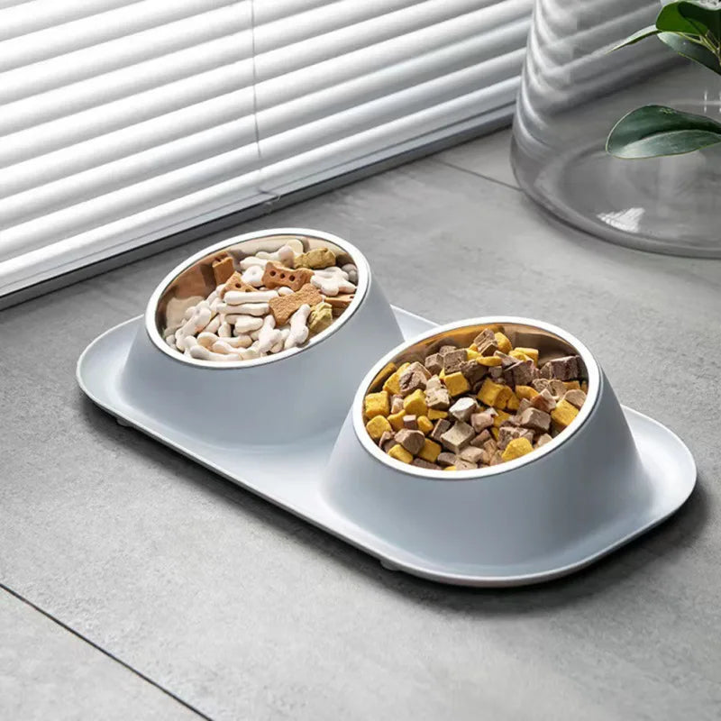 Stainless Steel Double Dog Bowl- Food Container- Plastic Non-slip Base- Pet Water Feeder- Tilt- Safeguards Dogs Neck