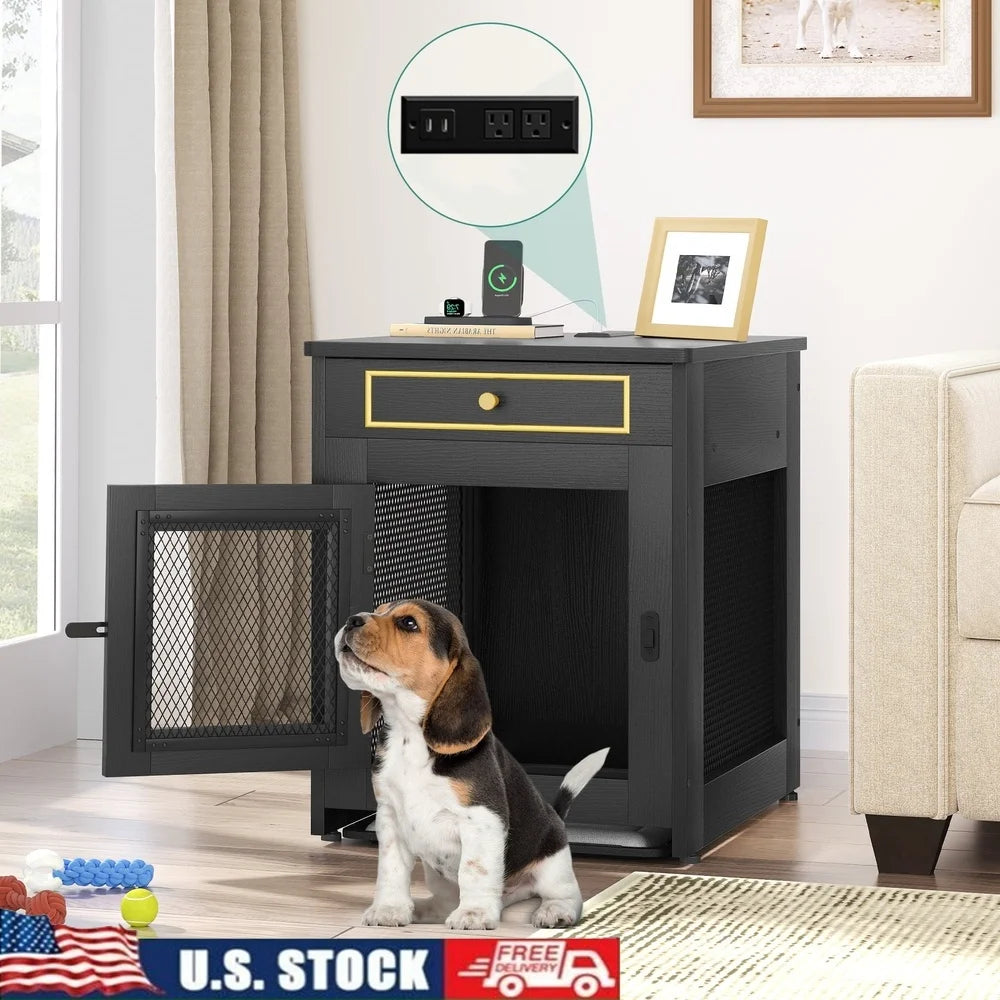 Wooden Furniture Dog Crate- Dual USB Charger- Safe and Stable Indoor Furniture- Easy Clean Tray- Lockable- Small Dogs