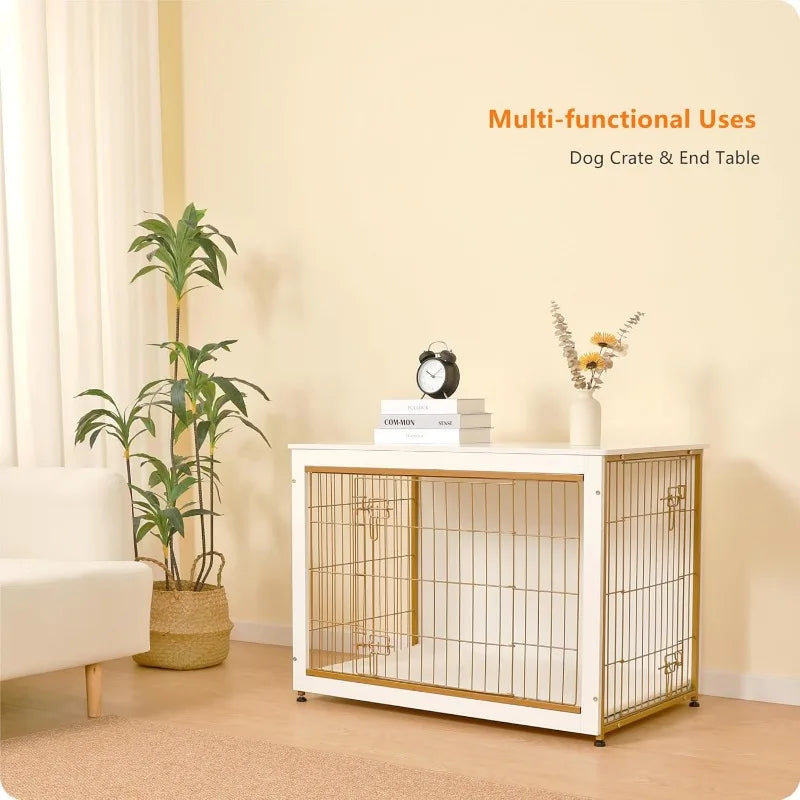 DWANTON Dog Crate Furniture with Cushion- Wooden Dog Crate Table- Double Doors - 38.5" L-White