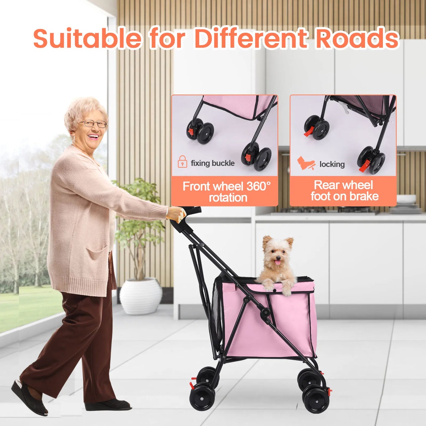 33lbs 4 Wheels Dog Stroller- Rotate- Travel Hand Cart Folding Shopping Trolley-Pink