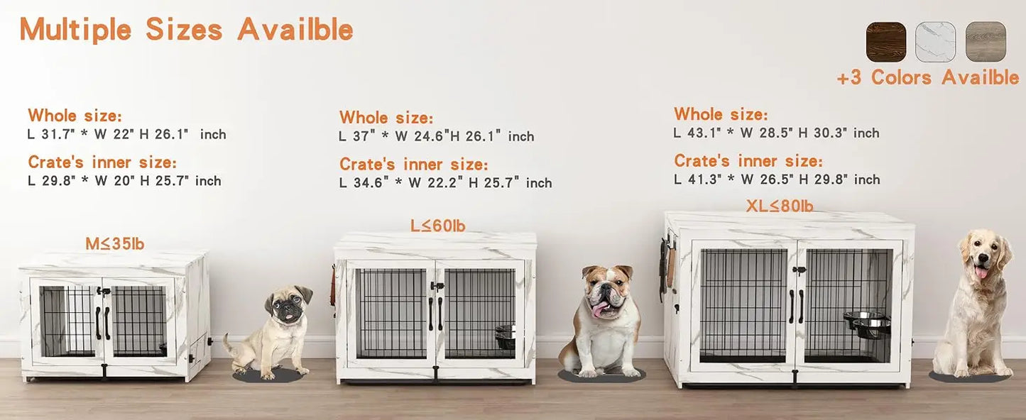 Wooden Dog Crate Furniture with 360°Rotatable Removable Dog Bowls- Dogs Crate End Table with Tray-Double Doors Dogs Kennels