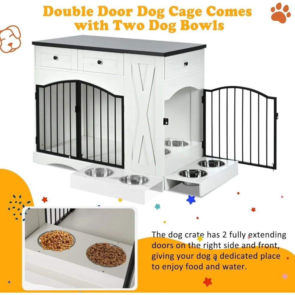 43.3" Dog Crate Furniture for Medium & Large Dogs- Heavy Duty Wooden Dog Kennel with 3 Storage Drawers-Removable Double Feeder