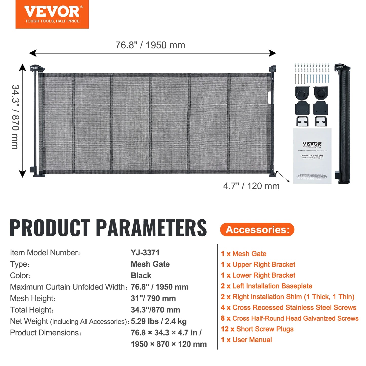 Retractable Gate-Mesh Pet Gate- Extends- Wide Retractable Gate for Kids or Pets