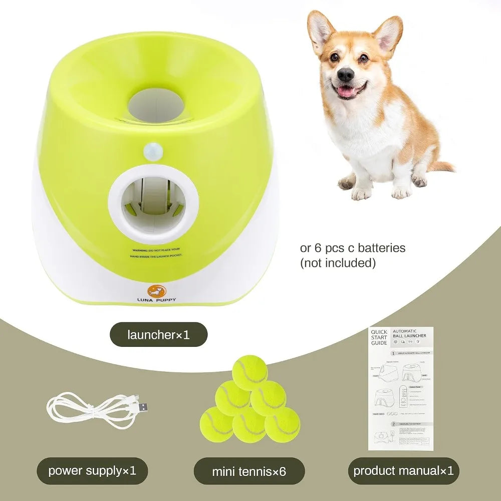 Automatic Small/Medium Dog Ball Launcher- Indoor/Outdoor Interactive Dog Toy with Three Ranges-Includes 6 Mini Tennis Balls- Data Line