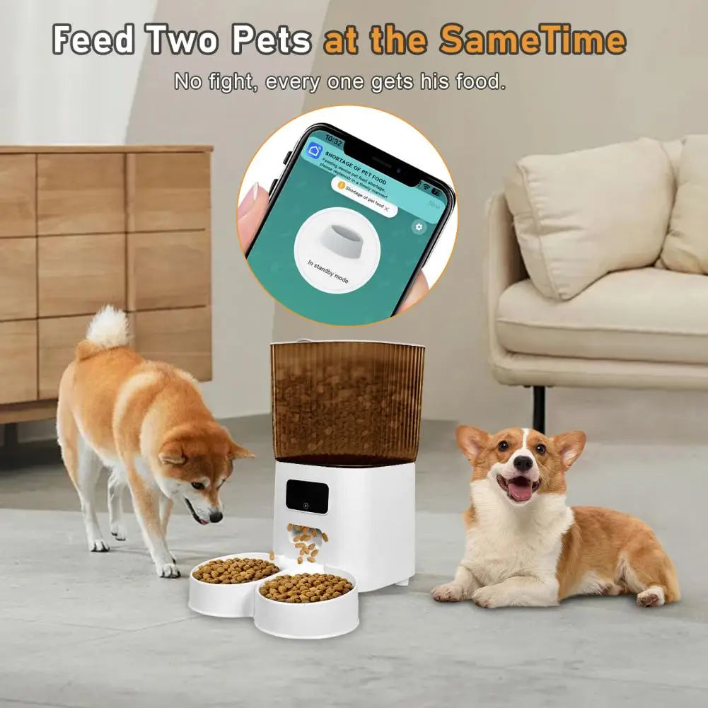 Smart Pet Feeder with Dual Bowls - 5L Transparent Storage, WiFi APP Control, Automatic Timed Dispensing for Cats or Dogs, Battery