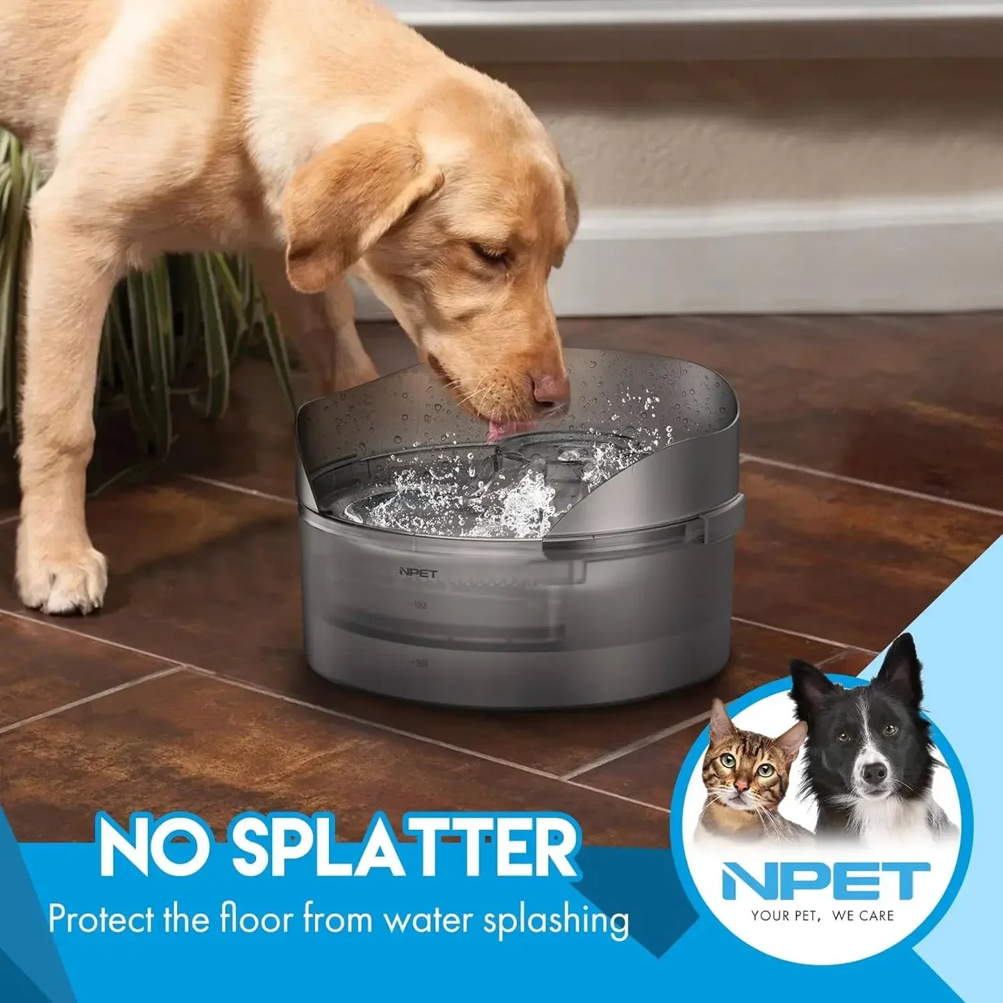 NPET DF10-SG Dog Water Fountain-1.3 Gallon/170oz/5L Large Automatic Dog Water Bowl with Splatter Guard