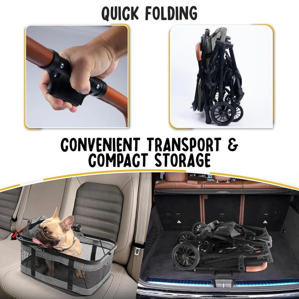 Pet Stroller/Car Seat with Detachable Carrier - Compact Design for Small Dogs (under 30 lbs) - All-Terrain Wheels - Easy Fold